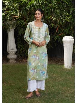 House of Chikankari - Green Mulmul Embroidered Three Fourth Sleeves Kurta