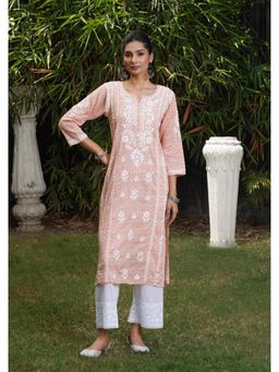 House of Chikankari - Peach Mulmul Embroidered Three Fourth Sleeves Kurta