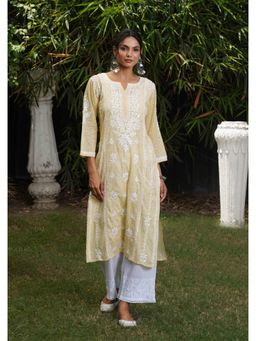 House of Chikankari - Yellow Mulmul Embroidered Three Fourth Sleeves Kurta