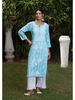 House of Chikankari - Blue Mulmul Embroidered Three Fourth Sleeves Kurta