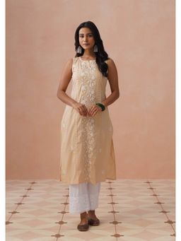 House of Chikankari - Beige Cotton Embroidered Sleeveless Kurta