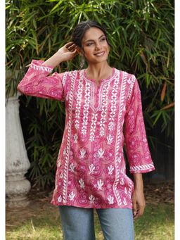 House of Chikankari - Pink Cotton Embroidered Full Sleeves Kurta