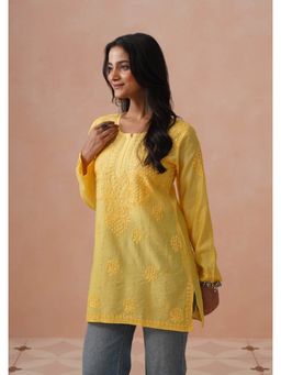 House of Chikankari - Yellow Chanderi Embroidered Full Sleeves Kurta
