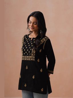 House of Chikankari - Black Cotton Embroidered Full Sleeves Kurta