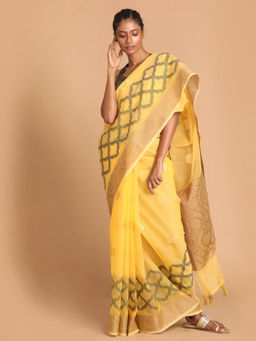 Indethnic - Banarasi Yellow Woven Design Party Wear Saree With Unstitched Blouse