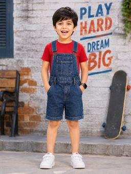 KiddoPanti - Boys Denim Solid Above Knee Length Denim Dungaree Shorts