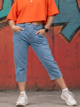 KiddoPanti - Girls Denim Solid Capri Jegging