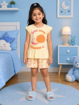 KiddoPanti - Girls Cotton Cap Sleeves Fruit Printed T-Shirt With Shorts