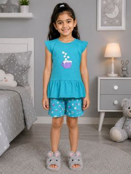 KiddoPanti - Girls Cotton Cap Sleeves Mug Printed T-Shirt With Shorts
