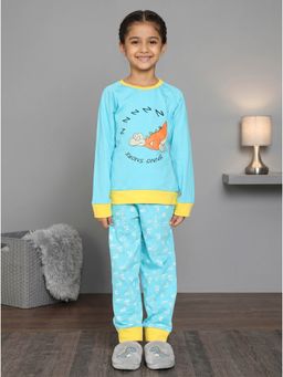 KiddoPanti - Girls Cotton Knit Dinnosnore Printed T-Shirt With Pyjama