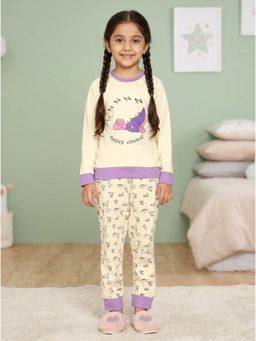 KiddoPanti - Girls Cotton Knit Dinnosnore Printed T-Shirt With Pyjama