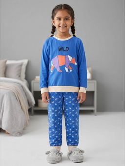KiddoPanti - Girls Cotton Knit Wild Bear Printed T-Shirt With Pyjama