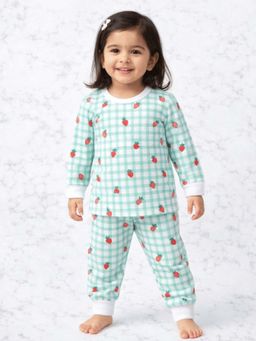 Blumbuds - Girls Green Checkered Strawberry T-Shirt With Pyjama