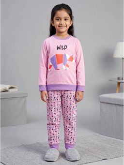 KiddoPanti - Girls Cotton Knit Wild Bear Printed T-Shirt With Pyjama