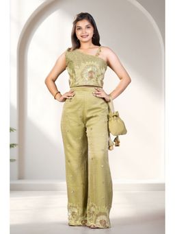 Lagorii - Green Bead And Sequin Embroidered Top With Palazzo