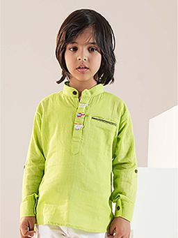 Lil Pitaara - Green Cotton Full Sleeves Mandarin Neck Solid Kurta