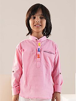 Lil Pitaara - Pink Cotton Full Sleeves Mandarin Neck Solid Kurta