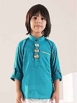 Lil Pitaara - Aqua Cotton Full Sleeves Mandarin Neck Solid Kurta