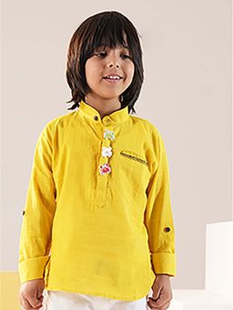 Lil Pitaara - Yellow Cotton Full Sleeves Mandarin Neck Solid Kurta