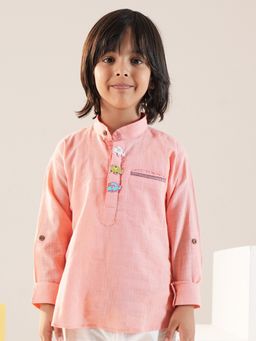 Lil Pitaara - Peach Cotton Full Sleeves Mandarin Neck Solid Kurta