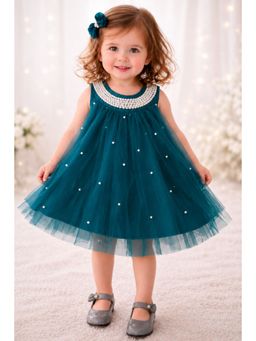 TotzTouch - Teal Net Sleeveless Round Neck Embellished Dress
