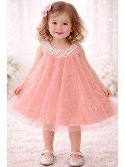 TotzTouch - Peach Net Sleeveless Round Neck Embellished Dress