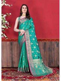 Yavira Silk - Teal Silk Saree With Zari Pallu And Unstitched Blouse
