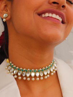 PAYA - Kundan Pearl and Green Stone Drop Necklace Set