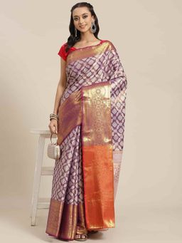Silk Land - Brocade Heavy Silk Saree with Unsticthed Blouse Piece Purple with Unstitched