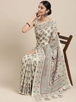 Akhilam - Womens Manipuri Silk Cream Digital Print Celebrity Saree with Unstitched Blouse