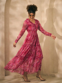 Deebaco - Chiffon Abstract Print Magenta Tiered Women Maxi Dress