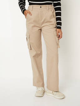 max - Beige Pure Cotton Solid/Plain Mid Waist Regular Fit Jeans