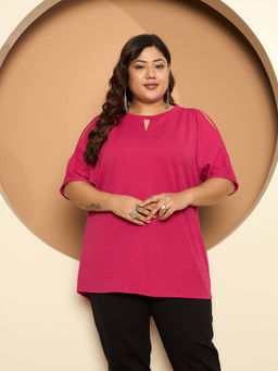 SALT Attire - Magenta Polyester Solid/Plain Keyhole Neck Half Sleeves Top