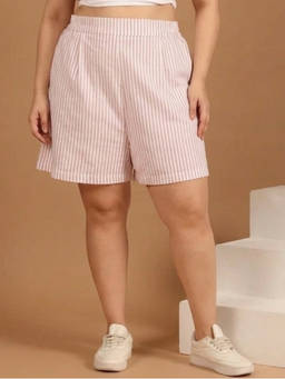 THE PINK MOON - Pink Viscose Stripes High Waist Regular Fit Shorts