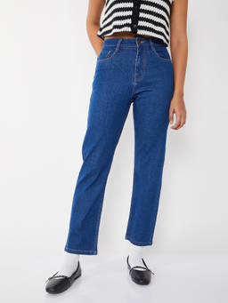 max - Blue Cotton Blend Solid/Plain Mid Waist Regular Fit Jeans