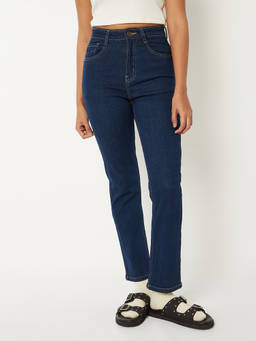 max - Blue Cotton Blend Solid/Plain Mid Waist Regular Fit Jeans