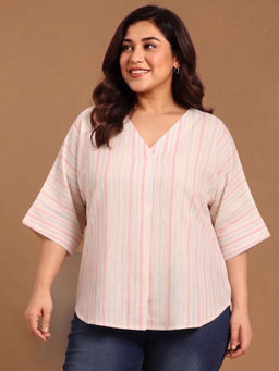 THE PINK MOON - Pastel Striped V-Neck Drop Shoulder Top