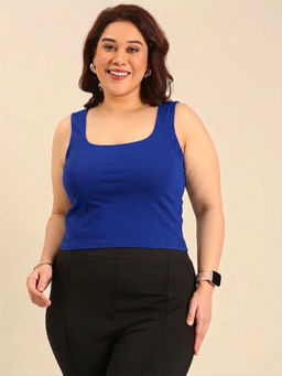 THE PINK MOON - Blue Cotton Solid/Plain Square Neck Sleeveless Tank Top