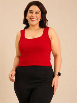 THE PINK MOON - Red Cotton Solid/Plain Square Neck Sleeveless Tank Top