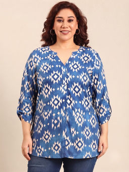 THE PINK MOON - Cobalt Ikkat Printed V-Neck Top