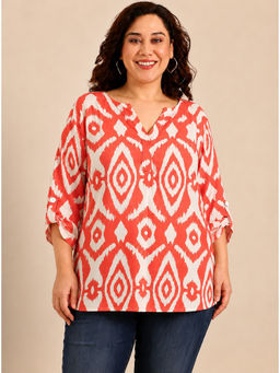 THE PINK MOON - Orange Ikkat Printed V-Neck Top