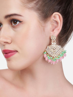Zaveri Pearls - Green & Pink Cluster Beads Kundan Ethnic Dangle Earring-ZPFK13549