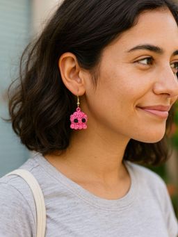 Digital Dress Room - Handmade Crochet Woolen Pink Octopus Drop Earrings