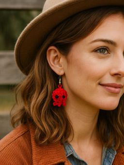 Digital Dress Room - Handmade Crochet Woolen Red Octopus Drop Earrings
