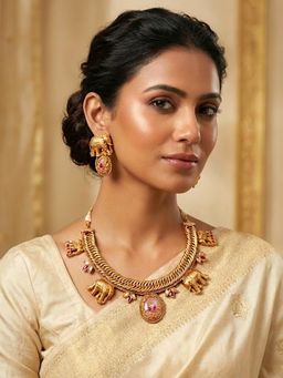 Adwitiya - Elephant Design Pota Pink Stone Traditional Jewellery Set