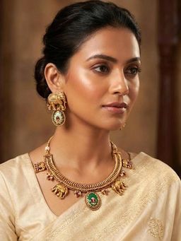 Adwitiya - Elephant Design Pota Multi-Color Stone Traditional Jewellery Set