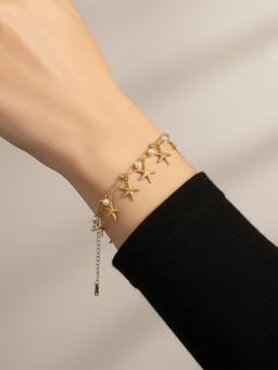 I Jewels - Gold Plated Layered Pearl and Starfish Dangle Charm Bracelet