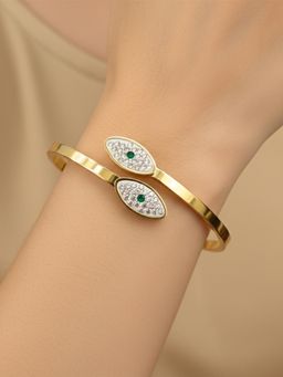 I Jewels - Stylish Gold Plated Green Stone Studded Open Bangle Bracelet