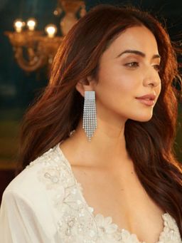 Accessher - Silver-Tone Rhinestone Long Chandelier Drop Earrings