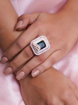 Adwitiya - Rose Gold Plated Ad Stone and Green Emerald Studded Adjustable Ring